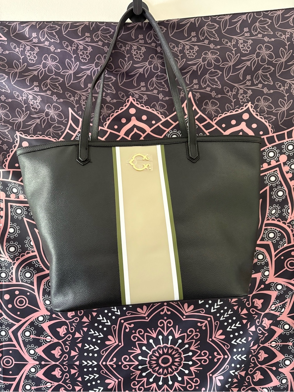 C. Wonder Black Tote with Olive and Cream Center Stripe and Gold Logo